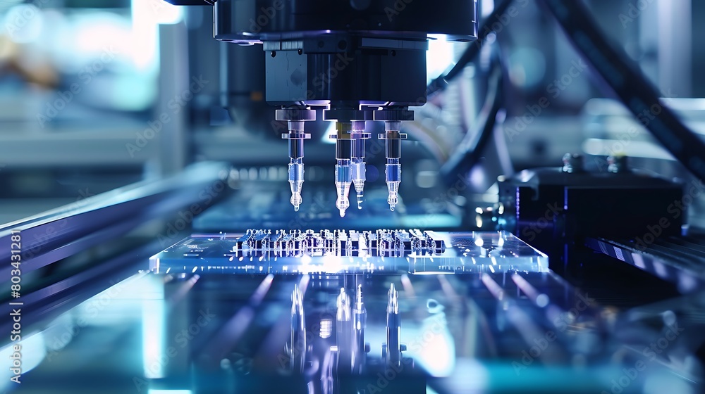 Close up of silicon die are being extracted from Water and attached to substrate by pick and place machine Close up of silicon die are being extracted from Water and attached to substrate by pick and place machine