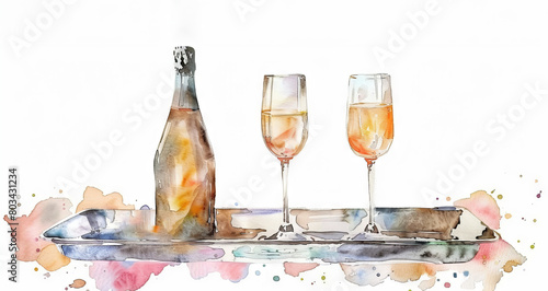 Champagne bottle with glasses on aquarelle background. Watercolor art of celebratory drinks. Concept of celebration, toast, elegance, festivities, romance, and New Year.