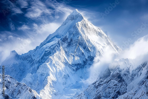 A photo of a majestic mountain peak covered in snow, capturing the grandeur of natural beauty. © Faisu