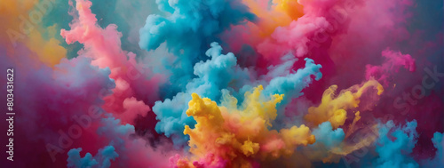 Enter a realm of wonder  neon smoke and Holi paint collide in a burst of vibrant energy  crafting an abstract and psychedelic pastel light background reminiscent of a dream.