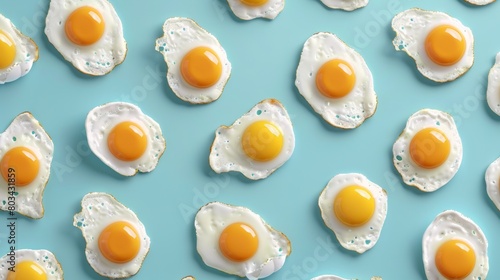 Pattern of sunny side up eggs on blue background