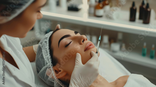 Cosmetologist makes a botulinum toxin filler injection into a patients facial area
