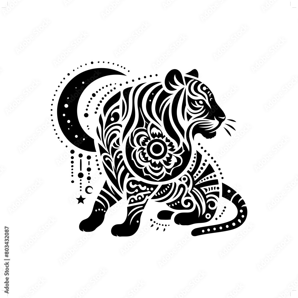 Tiger silhouette in bohemian, boho, nature illustration