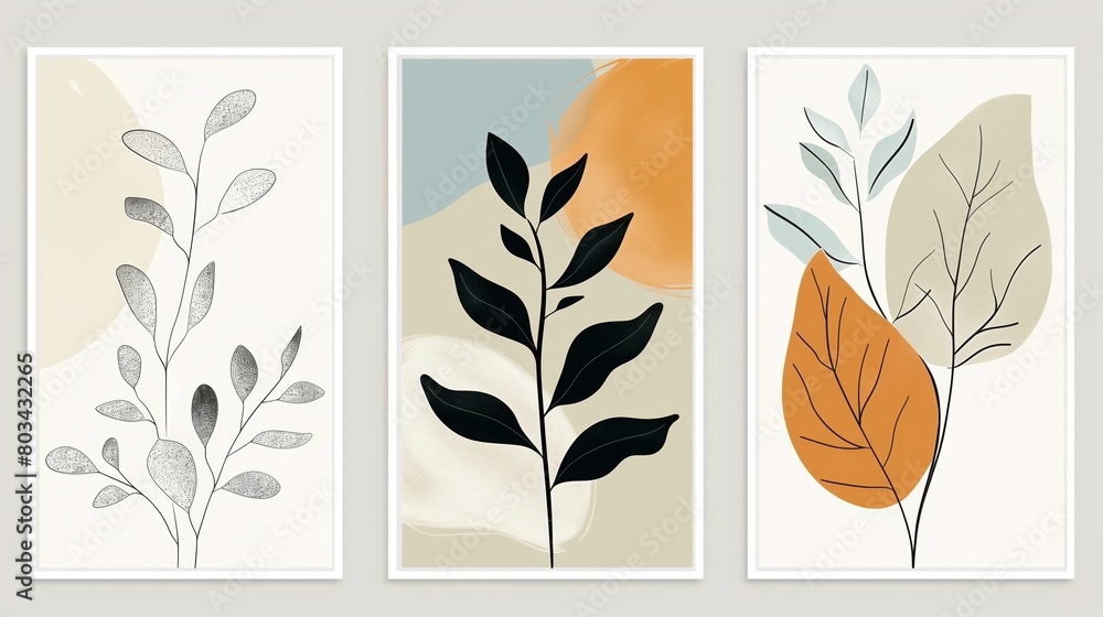 A set of three modern botanical art prints featuring stylized plant illustrations with abstract backgrounds. A set of three modern botanical art prints featuring stylized plant illustrations with abstract backgrounds.
