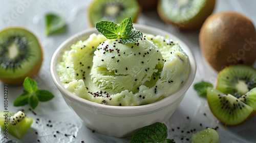 Kiwi Sorbet with Fresh Fruit, Refreshing Summer Dessert, Ideal for Ice Cream Parlors and Culinary Blogs, High-Quality Food Photography with Copyspace photo