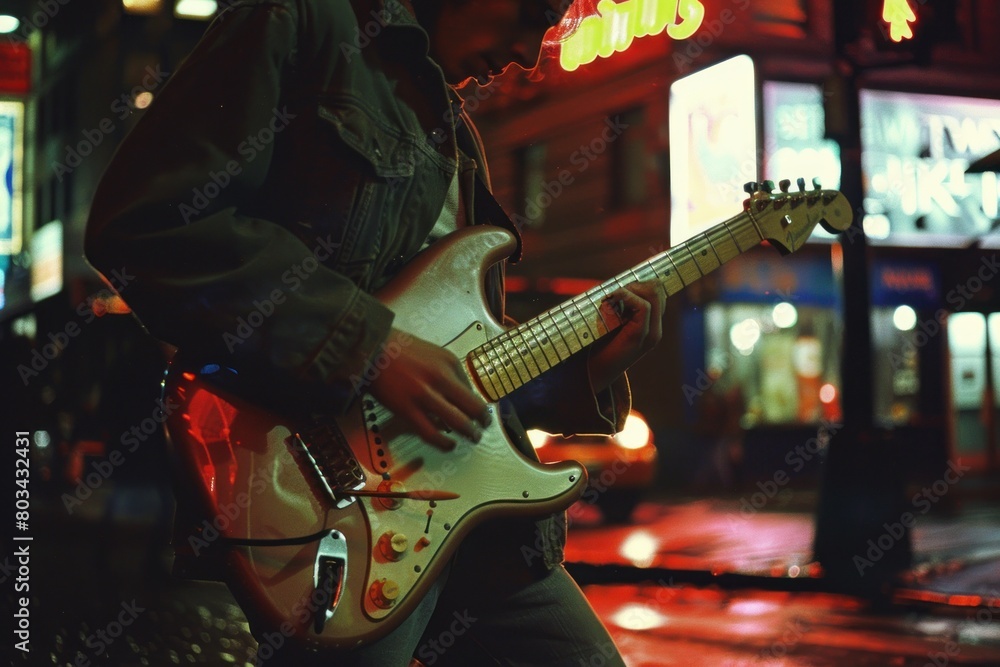 Naklejka premium A man is playing a guitar in a city street