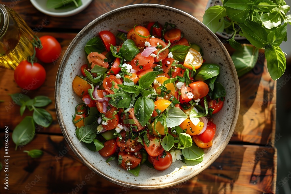 Bowl of tomato and basil salad on table Bowl of tomato and basil salad on table