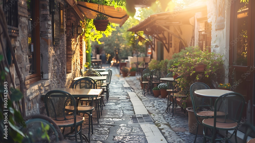 Naklejka premium Coffee and restaurant terrace with tables and chairs