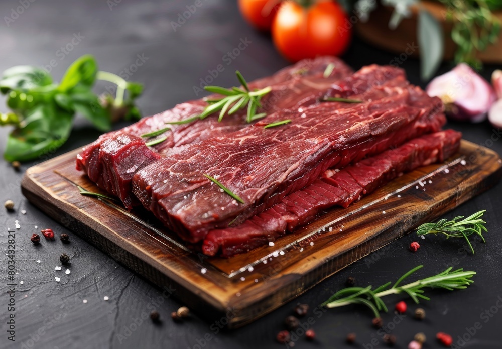 Uncooked beef brisket on wooden board Uncooked beef brisket on wooden board