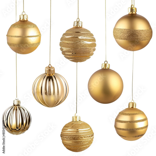 A collection of gold colored Christmas ornaments hanging from a string