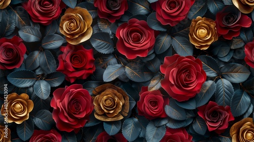 A seamless pattern featuring elegant red roses set against a striking black and gold background  adding a touch of sophistication to any design