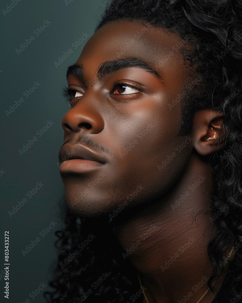 Beautiful pretty black young male, 3/4 portrait, stylish beauty long hair and natural elegance. Skin care, hair design, studio shot