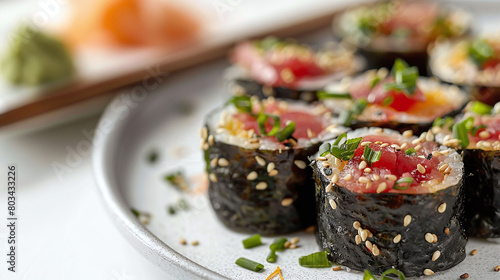 Tuna Sashimi Sushi Rolls Close-up, Temaki with Fresh Toppings, Ideal for Culinary Magazines and Sushi Bars, High-Quality Japanese Cuisine Photography with Copyspace