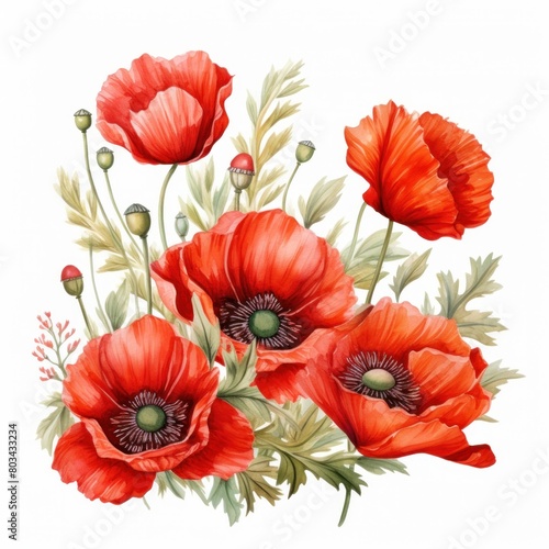 watercolor border with poppy flowers isolated on white background © yganko