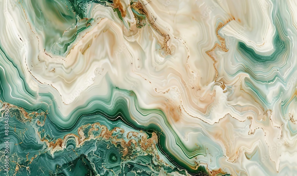 Marble Pattern, Green, Cream, and Gold Texture Resembling Malachite with Visible Banding and Polished Finish