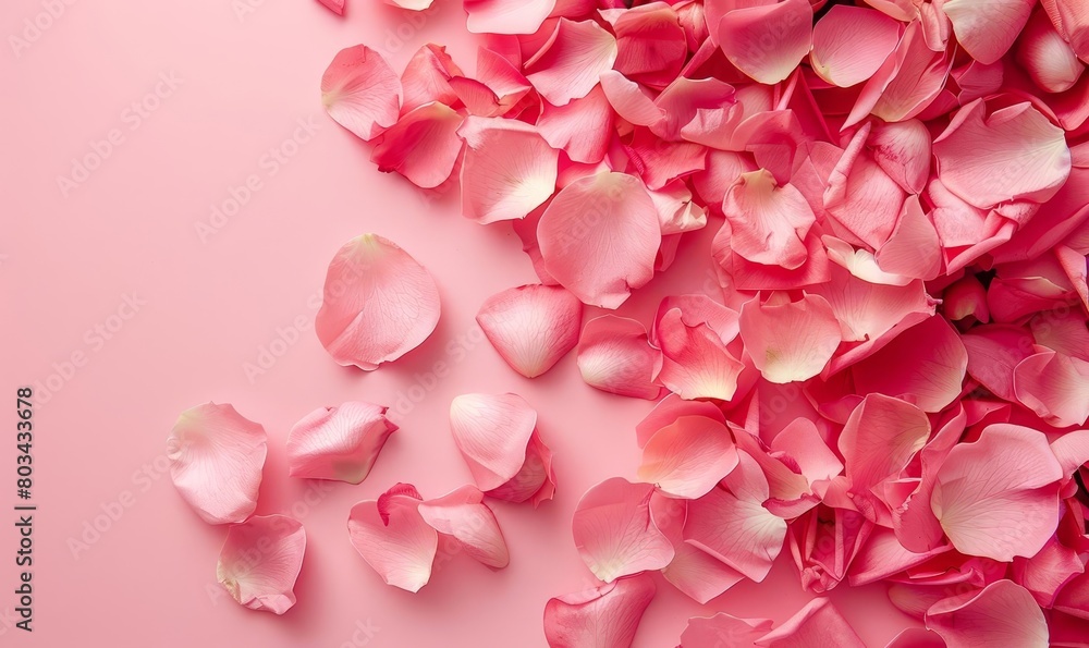 Obraz premium A beautiful arrangement of pink rose petals scattered across a pink background