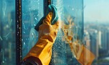A window washer wearing a yellow glove cleans a skyscraper window