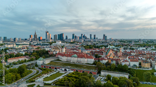 Bird's eye view of the city of Warsaw in Poland in the spring evening