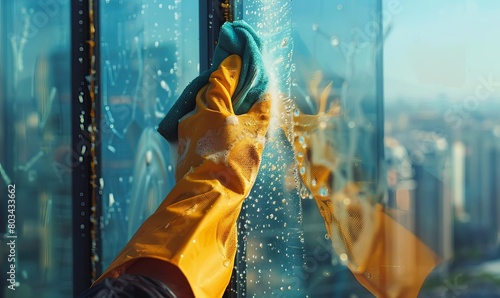 A window washer wearing a yellow glove cleans a skyscraper window photo