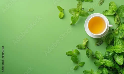 Refreshing herbal tea in a white cup on a green background, with mint leaves and copy space.