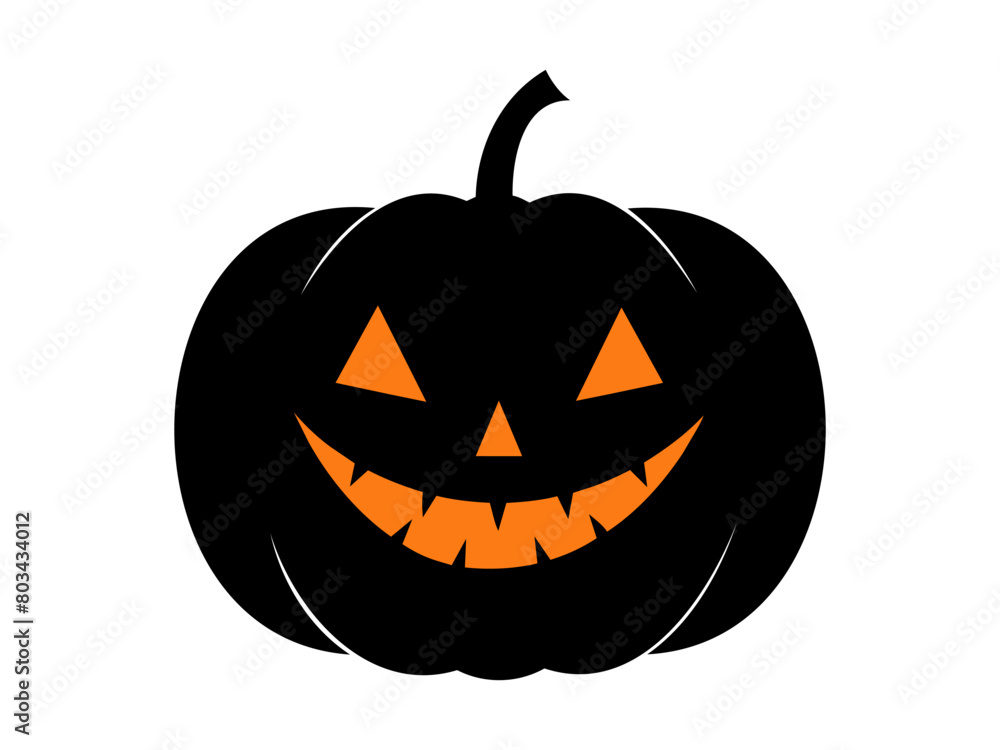 Naklejka premium Black and orange silhouette of smiling Halloween pumpkin. Illustration. Jack-o-lantern. Isolated on white background Concept of Halloween, festive decor, autumn celebration, October tradition. Icon.