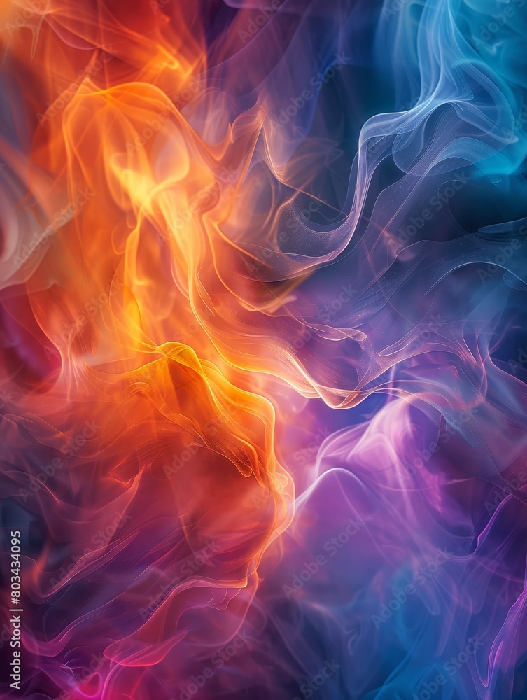 The image is an abstract painting. It has a fiery orange and yellow center, with blue and purple smoke-like swirls throughout.