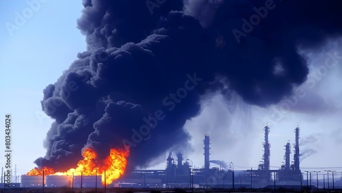 Dark smoke billows into the sky after fire and explosion at oil refinery. Concept Oil Refinery Fire  Smoke Plumes  Emergency Response  Industrial Accidents  Environmental Damage