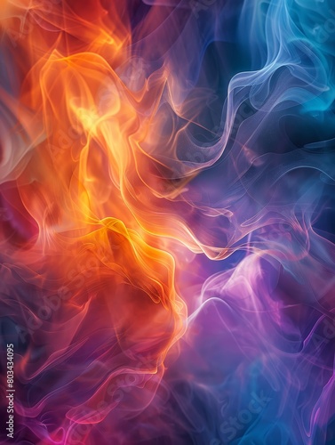 The image is an abstract painting. It has a fiery orange and yellow center, with blue and purple smoke-like swirls throughout.