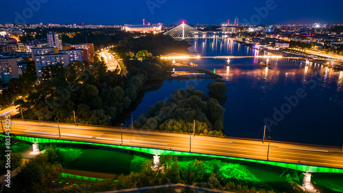 Bird's eye view of the city of Warsaw in Poland in the spring evening