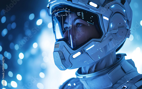 Female astronaut pioneer wearing augmented or virtual reality glasses explores an uninhabited planet in a futuristic spacesuit or ergo suit photo