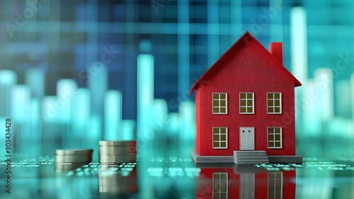 Increasing Value of Red House Illustrated in D Graph on Abstract Blue Background. Concept Real Estate Market Trends, Property Valuations, Home Investment Strategies, Graphic Design