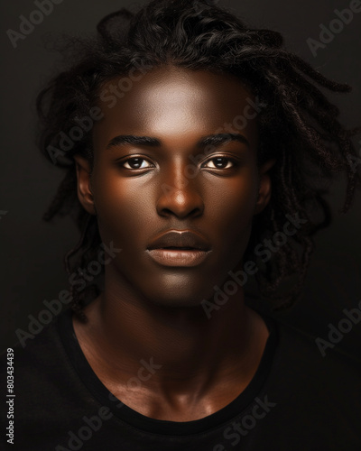 Beautiful pretty black young male, 3/4 portrait, stylish beauty long hair and natural elegance. Skin care, hair design, studio shot photo