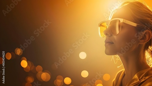 A person wearing eclipse glasses stares in wonder at the darkened sky. Concept Eclipse Viewing, Wonder and Amazement, Solar Phenomenon, Eclipse Glasses, Night Sky