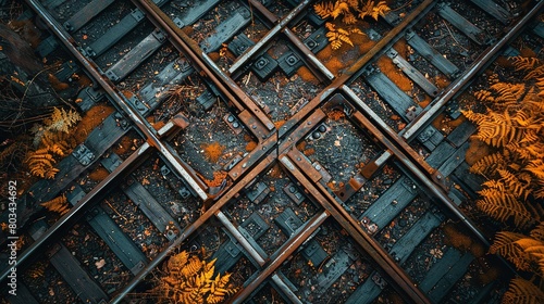  An overhead view of a train track with leaves on the ground and one of the tracks has a cross-section in the middle of it photo
