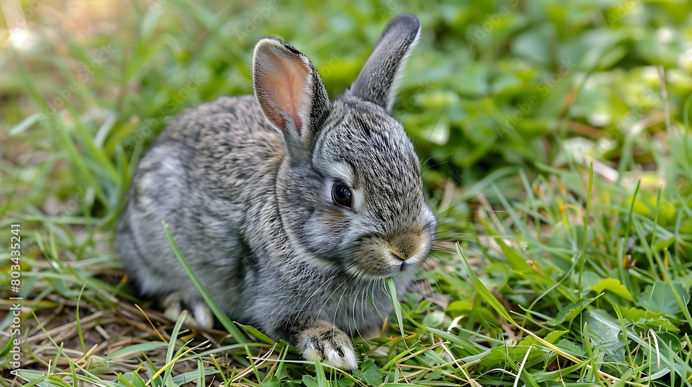 Fototapeta premium Cute gray cottontail bunny rabbit munching grass