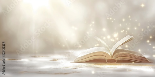 Open book with glowing pages and twinkling stars on a warm illuminated background