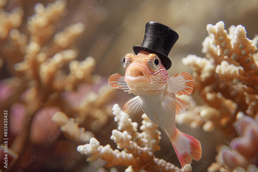 A fish wearing a top hat and tap dancing on a stage made of coral ...