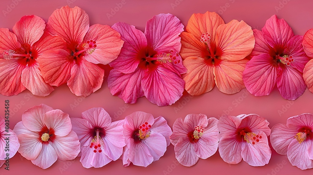 Pink and orange flowers line up against a pink backdrop, with a red center standing out at the center of the row Pink and orange flowers line up against a pink backdrop, with a red center standing out at the center of the row
