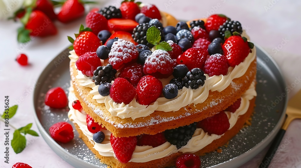 Delicious homemade heart shaped vanilla cake decorated with cream and fresh berries Delicious homemade heart shaped vanilla cake decorated with cream and fresh berries
