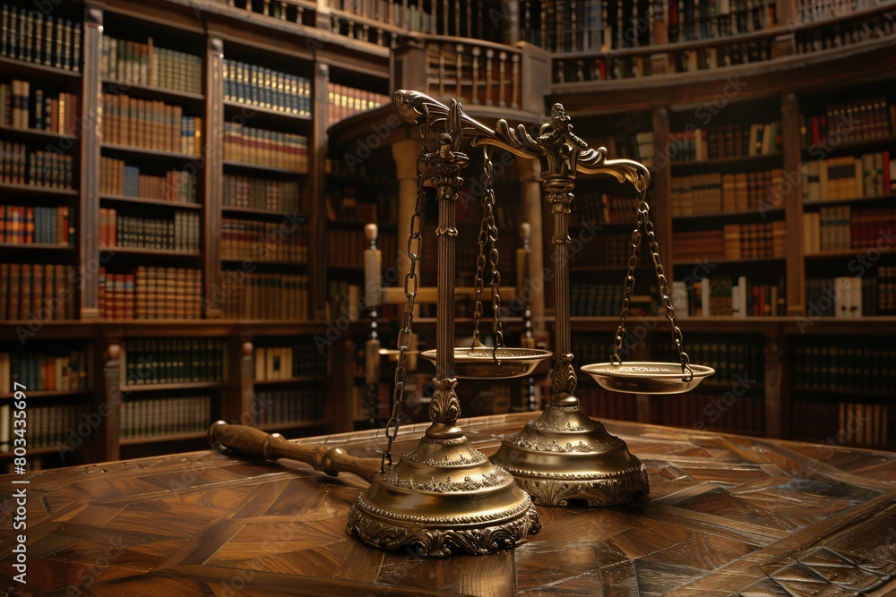 Gavel, scales of justice and books on a wooden table Gavel, scales of justice and books on a wooden table