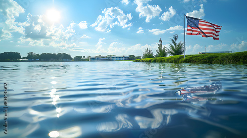 US flag by the water, concept of remembrance day for the attack on Pearl Harbor during World War 2. photo