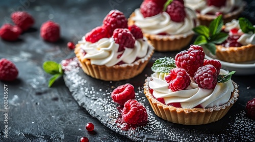 Delicious rasp berry mini tarts tartlets with whipped cream on dark background