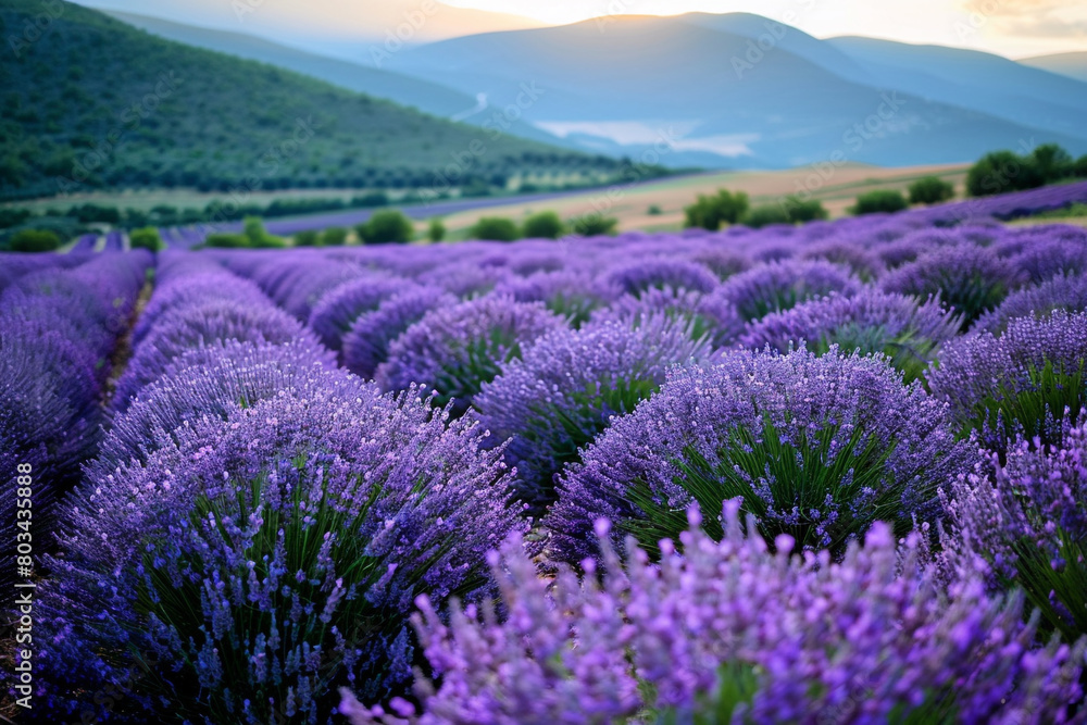 A picture of a lush field of lavender in full bloom, capturing the beauty and aroma of the flowers.