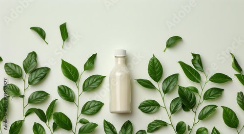 Bottle of Lotion Surrounded by Green Leaves