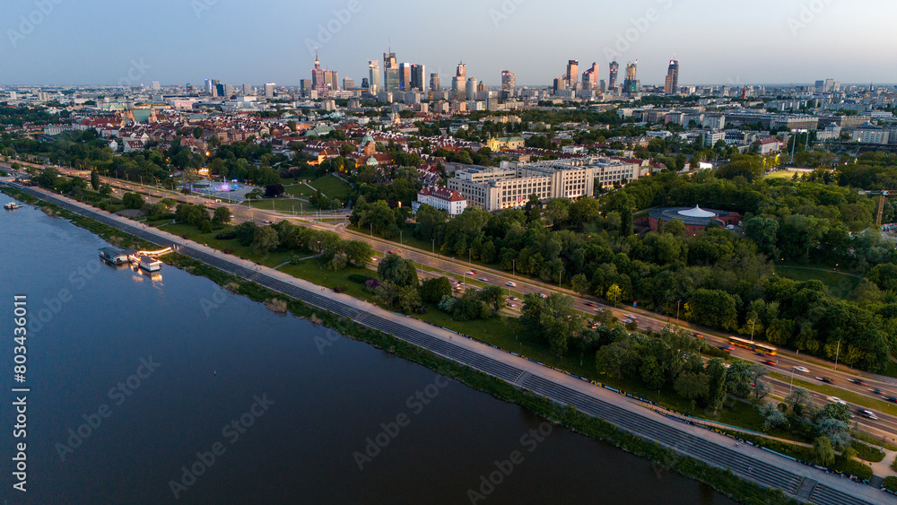 Fototapeta premium Bird's eye view of the city of Warsaw in Poland in the spring evening