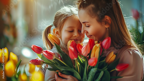 Little daughter hugging her mother and gives her a bouquet of flowers tulips at home. Happy Mother's day concept. 
