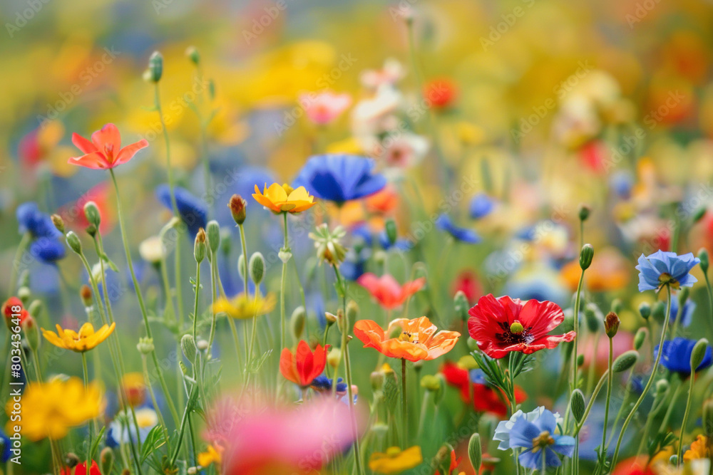 A field of wildflowers in various colors, creating a vibrant and lively scene. A field of wildflowers in various colors, creating a vibrant and lively scene.