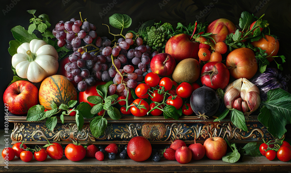 An ornate tray filled with a variety of fresh fruits and vegetables on a dark background.  , Generate AI