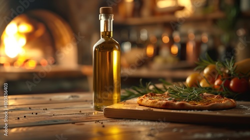 A pizza  olive oil  and tomatoes are on a wooden table.