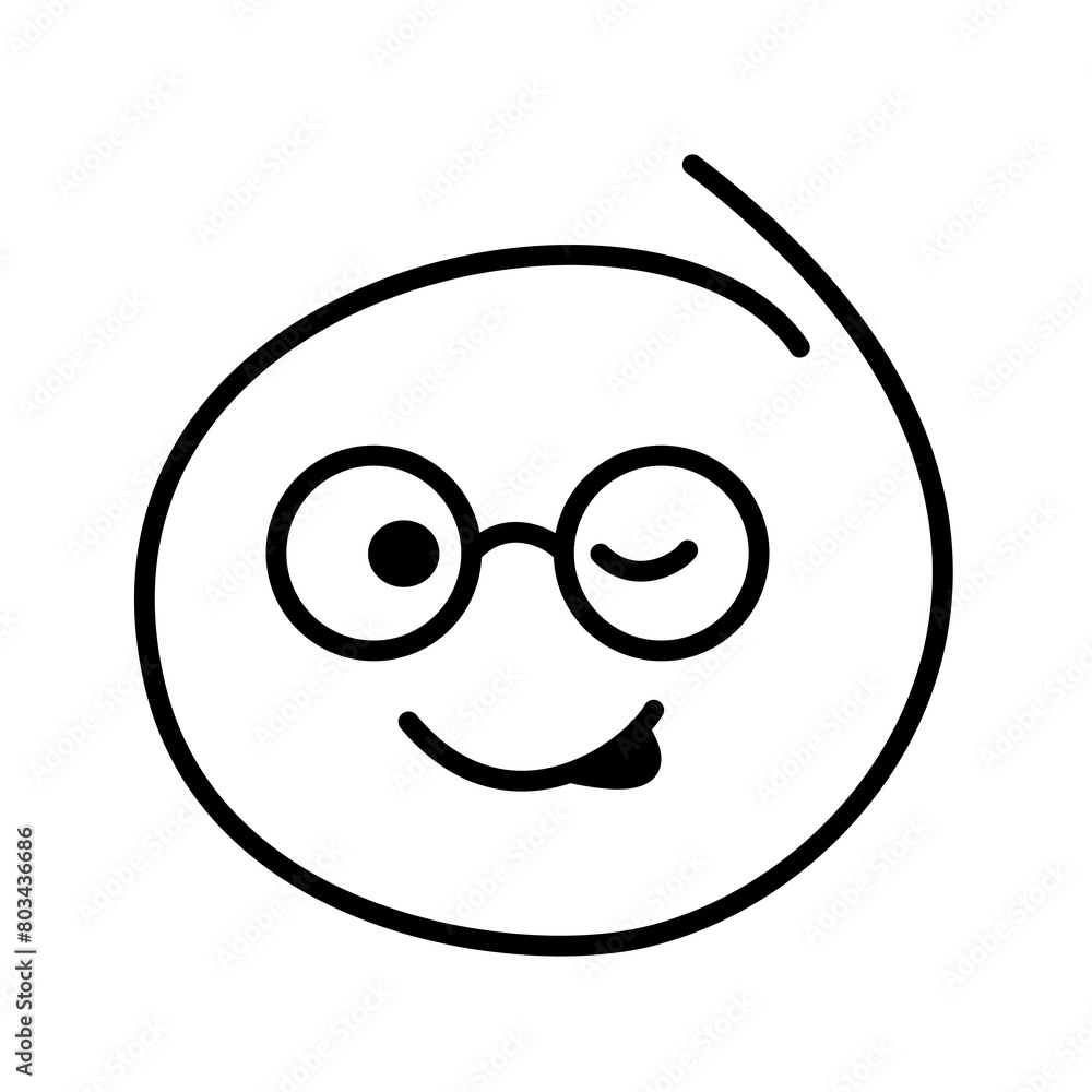 Black and white drawn winking emoticon smile bespectacled with round glasses and tongue sticking out on the side. Licks himself. Black and white drawn winking emoticon smile bespectacled with round glasses and tongue sticking out on the side. Licks himself.